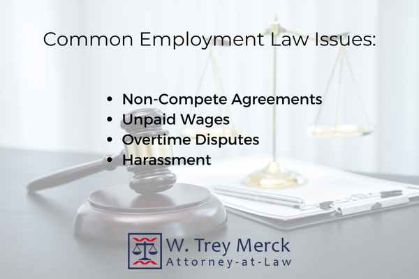 an image of an attorneys desk with text describing common employment law issues
