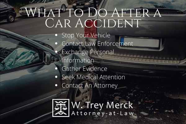 an image of a car accident with text giving steps to do after you are involved in one.